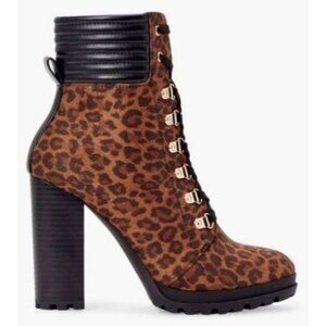 JustFab Shandee Lace-Up Bootie leopard vegan suede black chunky heel combat boot